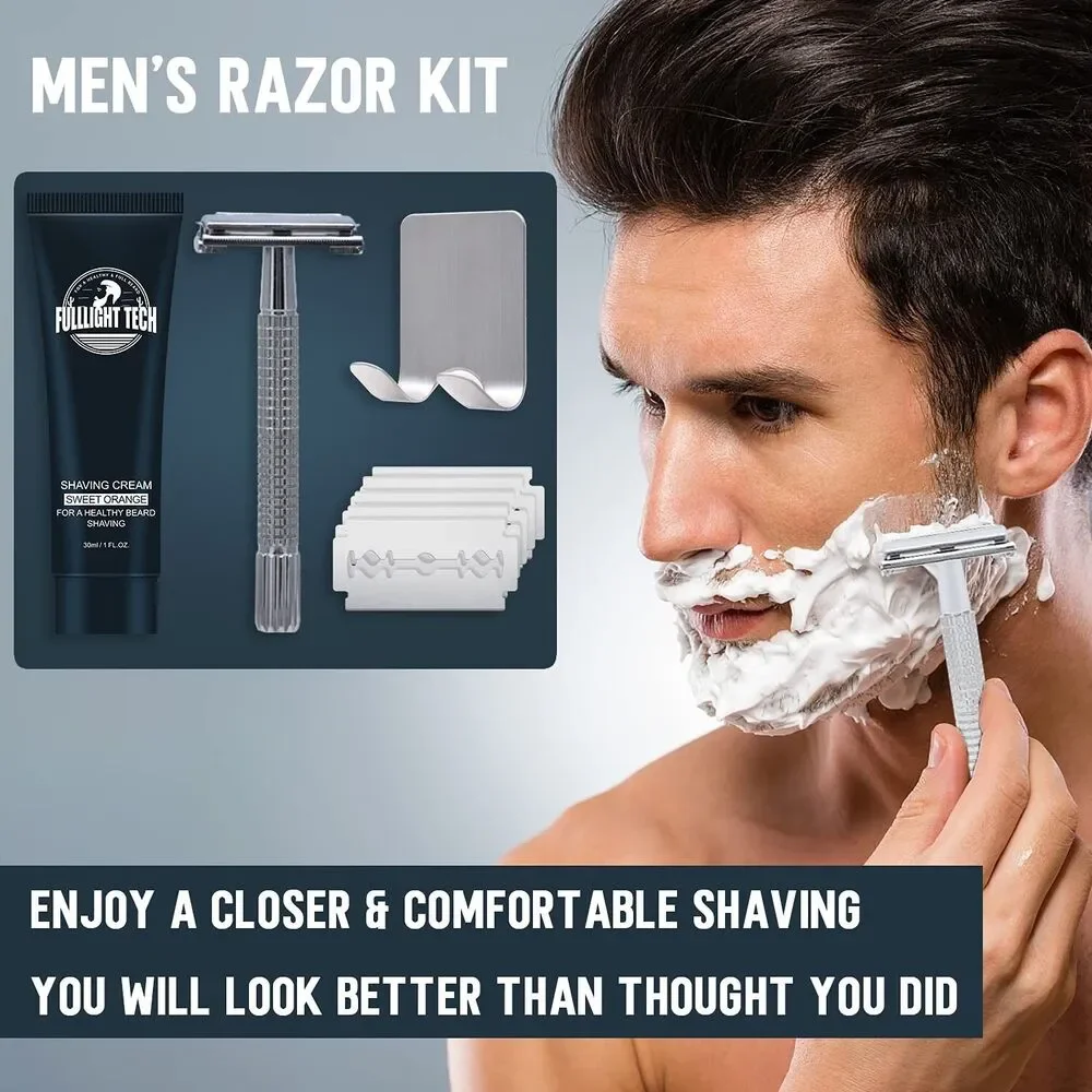 Safety Razor Set for Men w/Razor Stand, Razor Refills, Shaving Cream, Hanger
